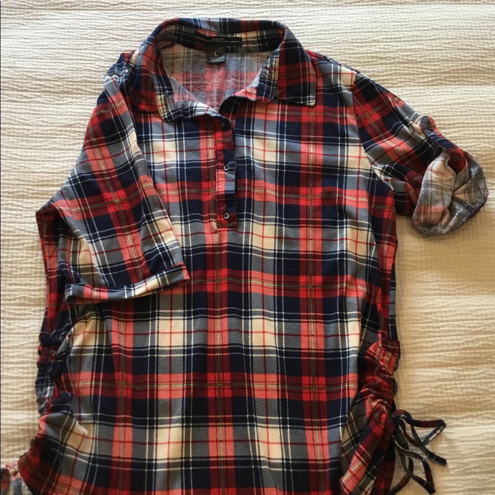 Red Blue White Plaid 3/4 Button-up L